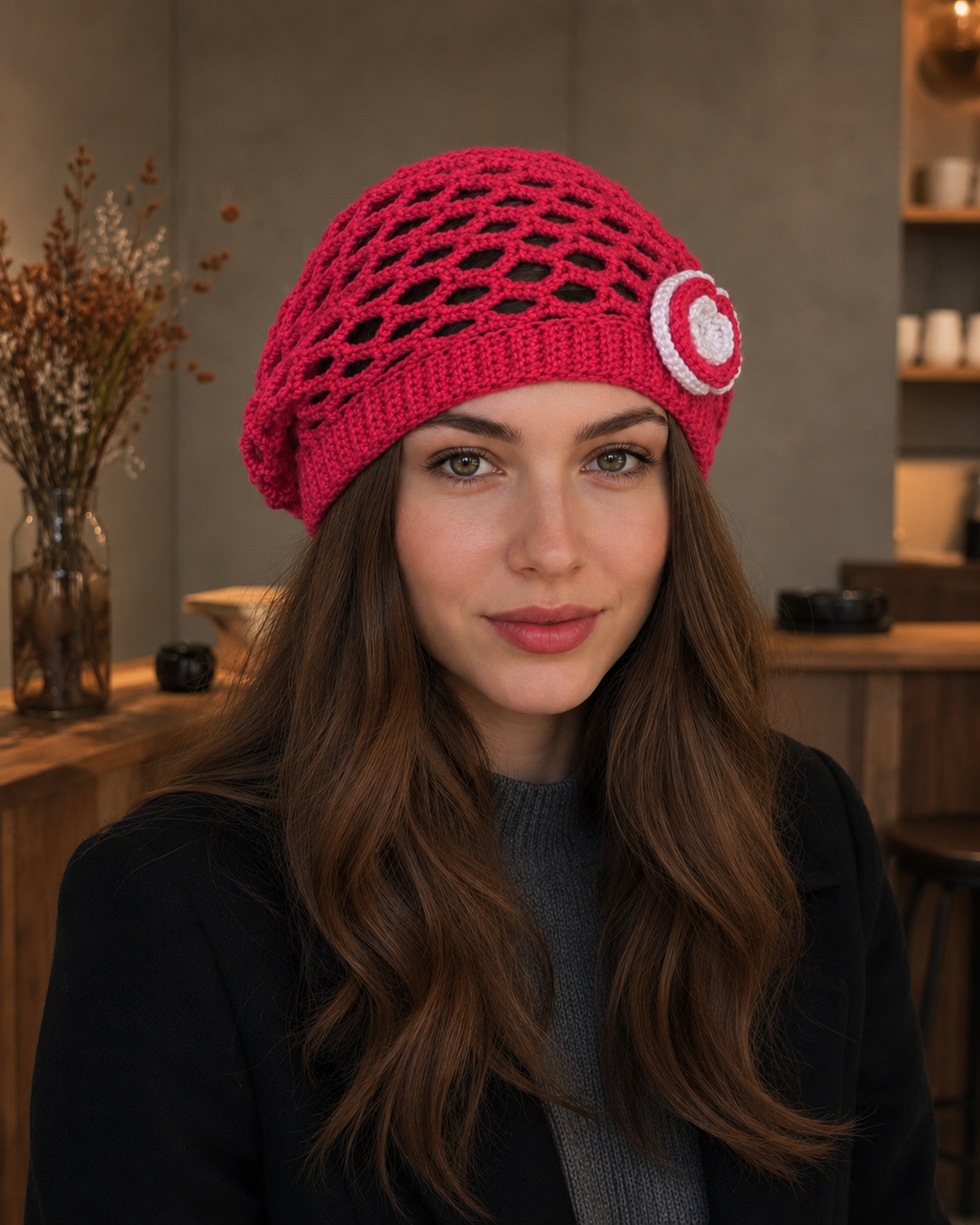 Hand-Crocheted Red Slouchy Beanie Flower Applique Detail One Size