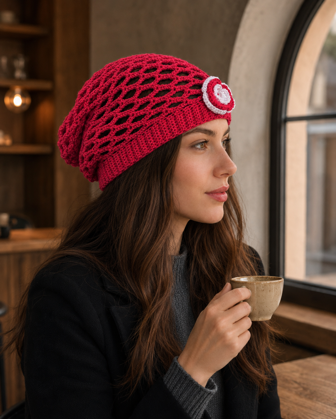 Hand-Crocheted Red Slouchy Beanie Flower Applique Detail One Size