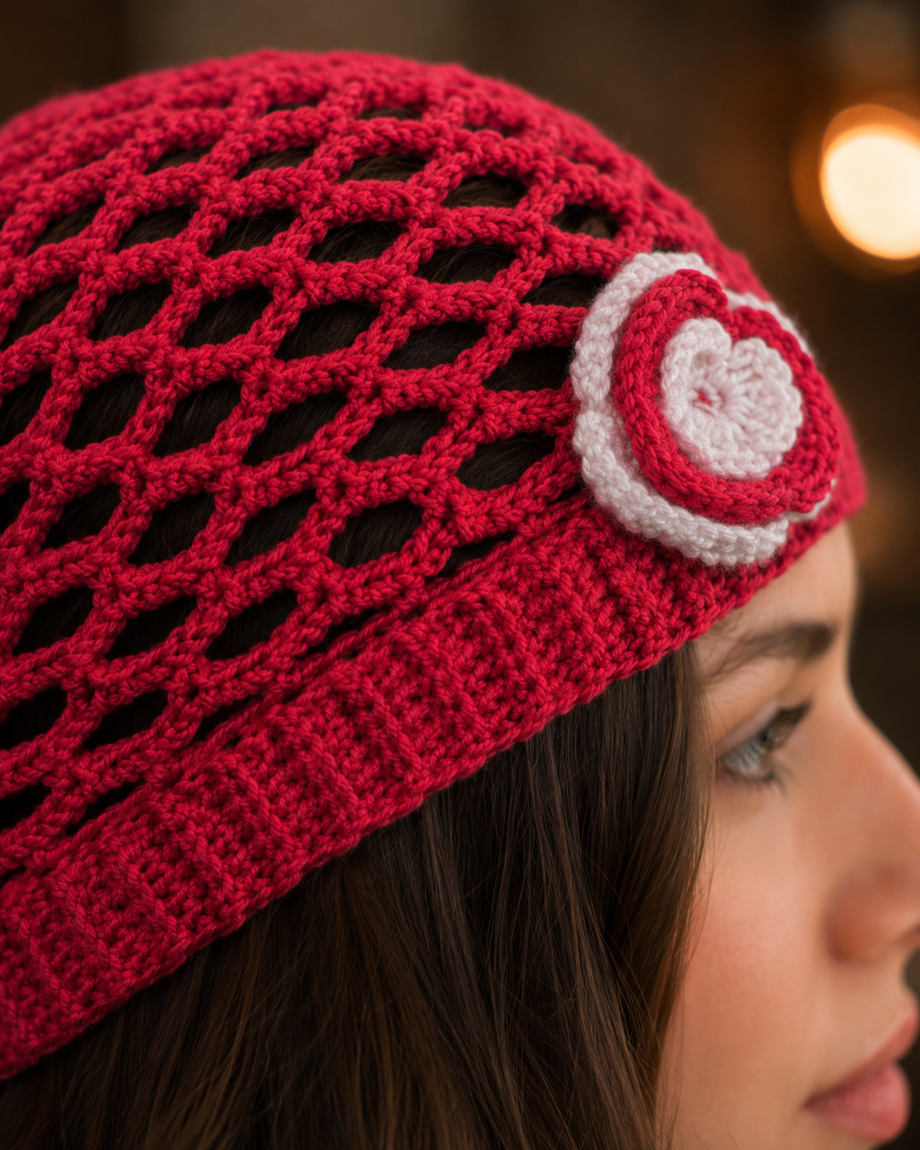 Hand-Crocheted Red Slouchy Beanie Flower Applique Detail One Size