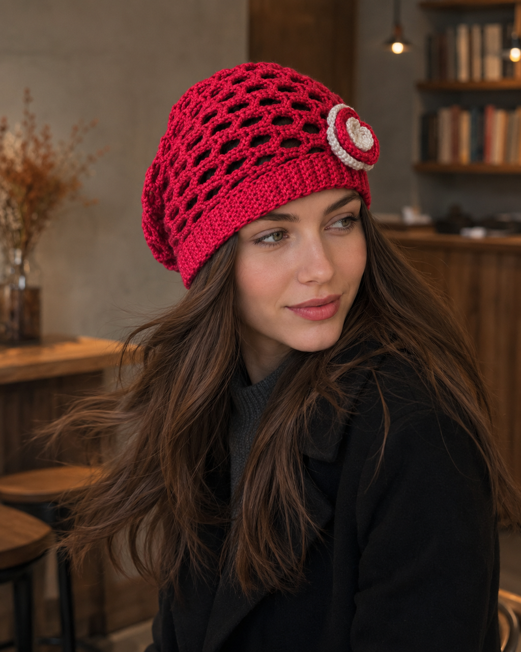 Hand-Crocheted Red Slouchy Beanie Flower Applique Detail One Size