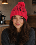 Hand-Crocheted Pom-Pom Beanie Red Openwork Pattern One Size
