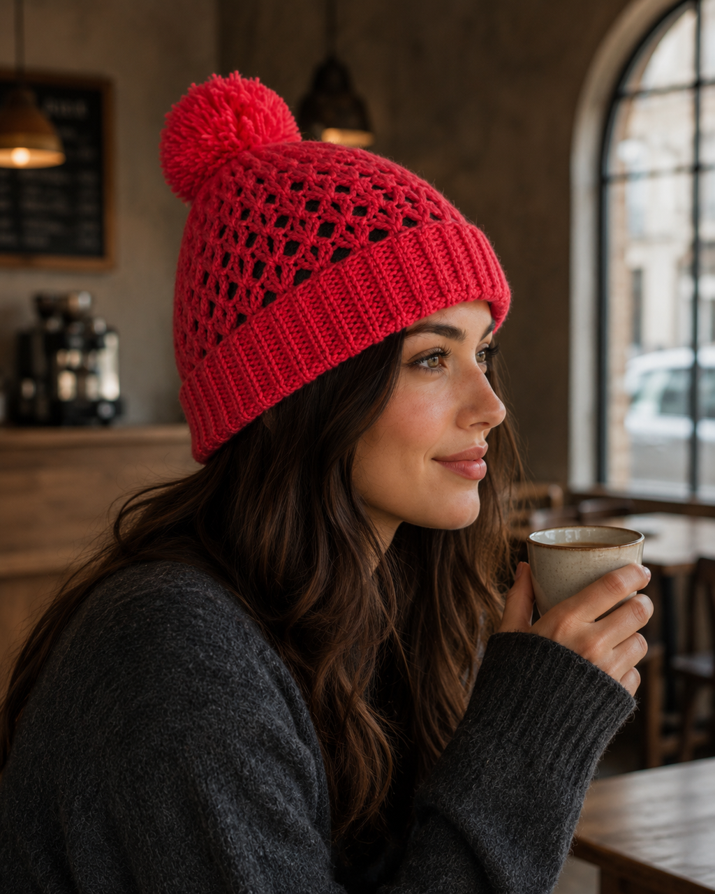 Hand-Crocheted Pom-Pom Beanie Red Openwork Pattern One Size