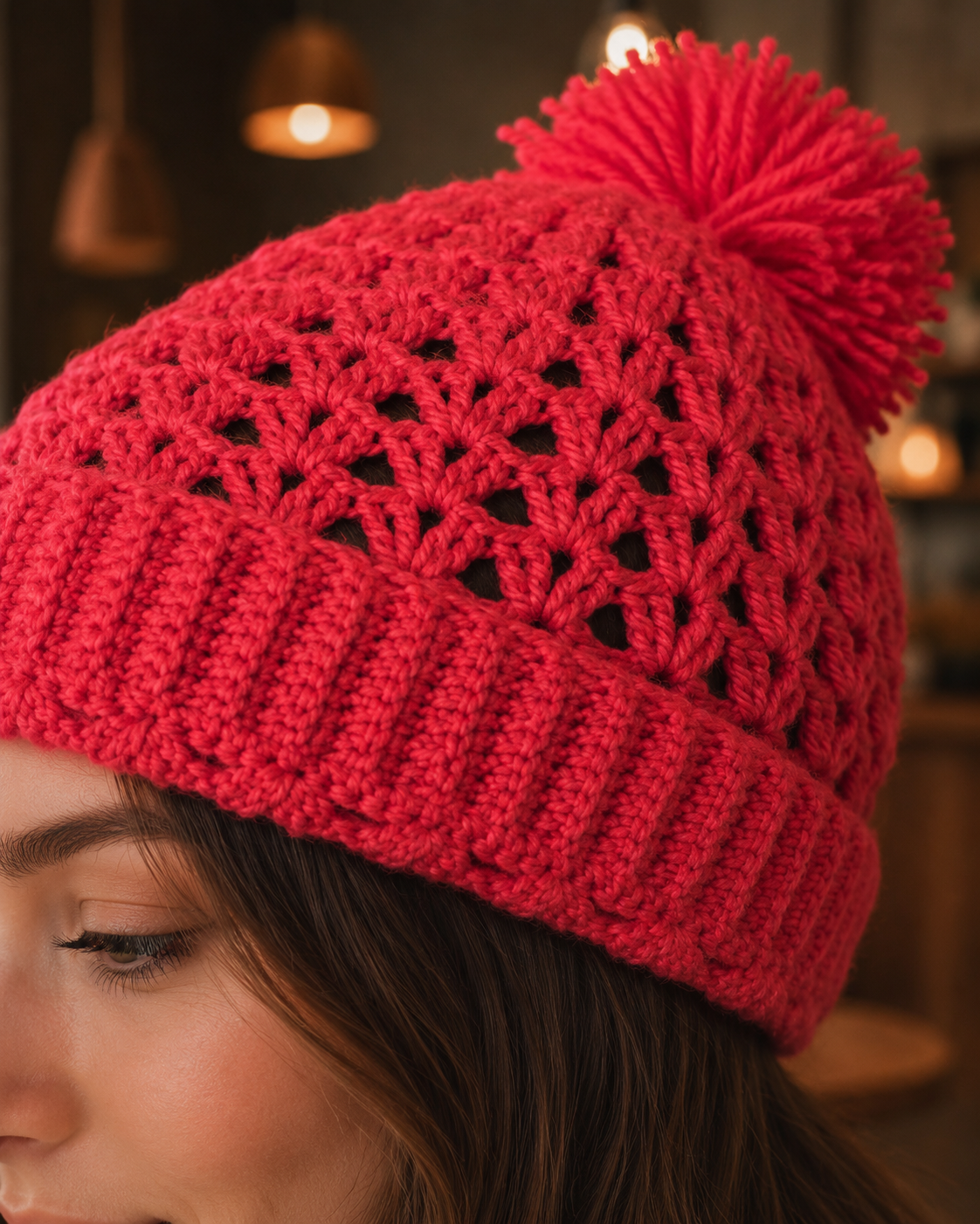 Hand-Crocheted Pom-Pom Beanie Red Openwork Pattern One Size
