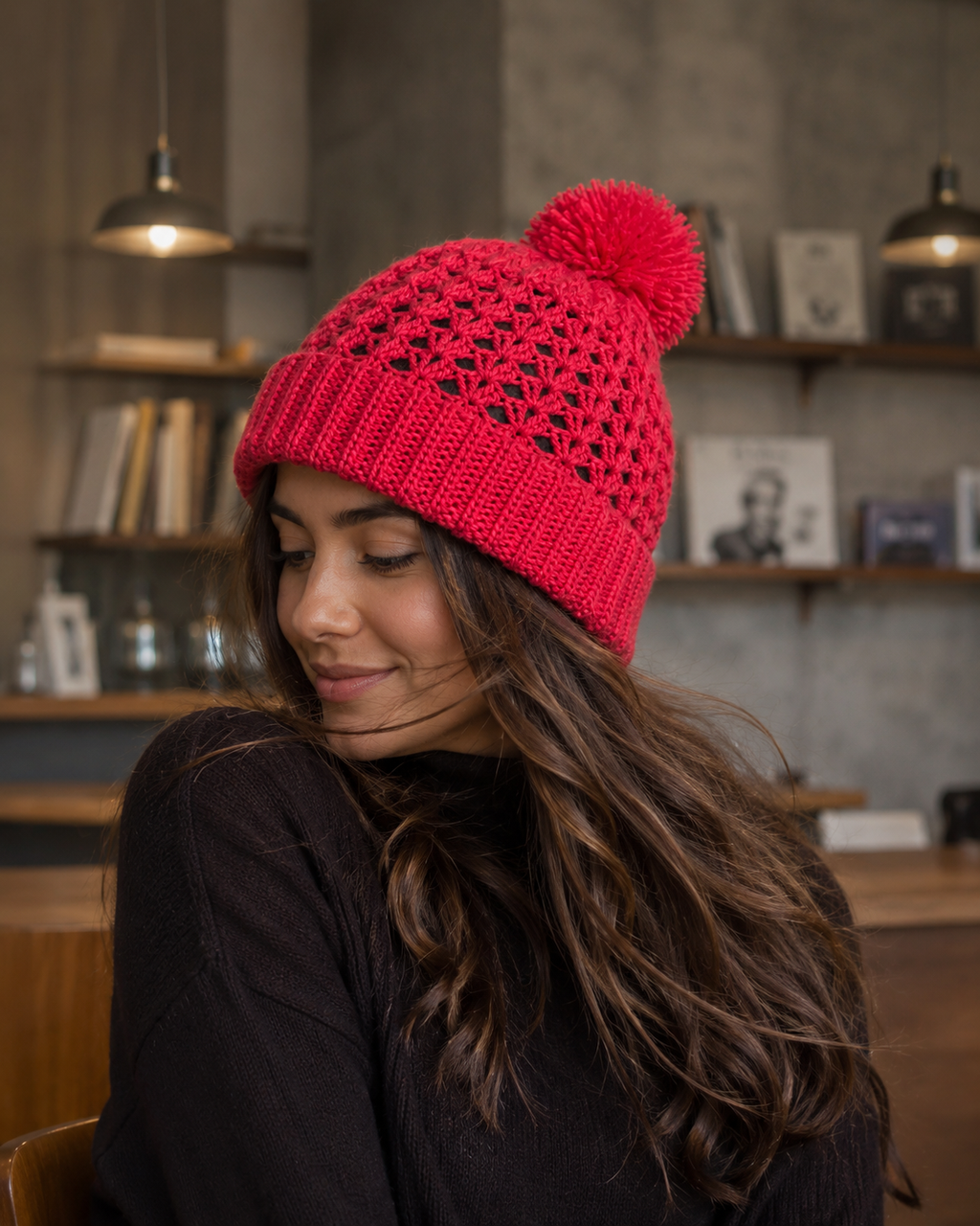 Hand-Crocheted Pom-Pom Beanie Red Openwork Pattern One Size