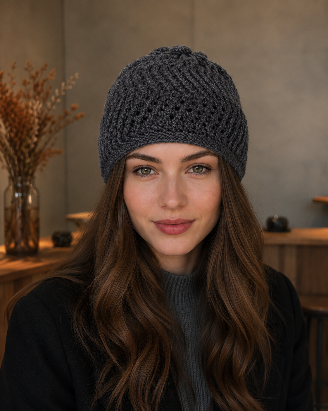 Hand-Knitted Textured Beanie Charcoal Grey One Size