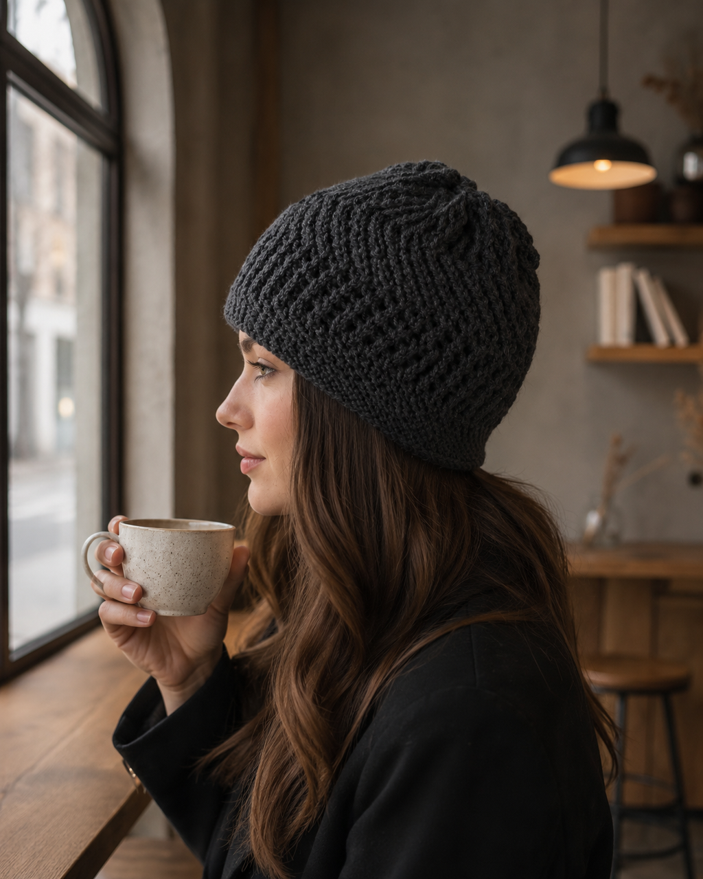 Hand-Knitted Textured Beanie Charcoal Grey One Size