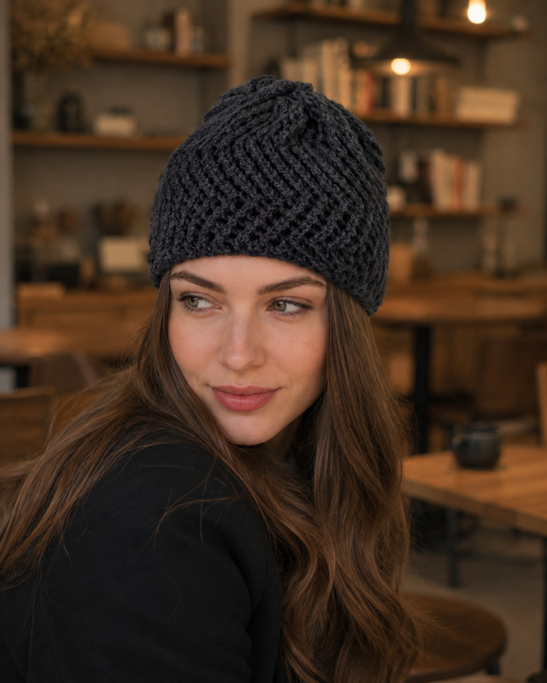Hand-Knitted Textured Beanie Charcoal Grey One Size