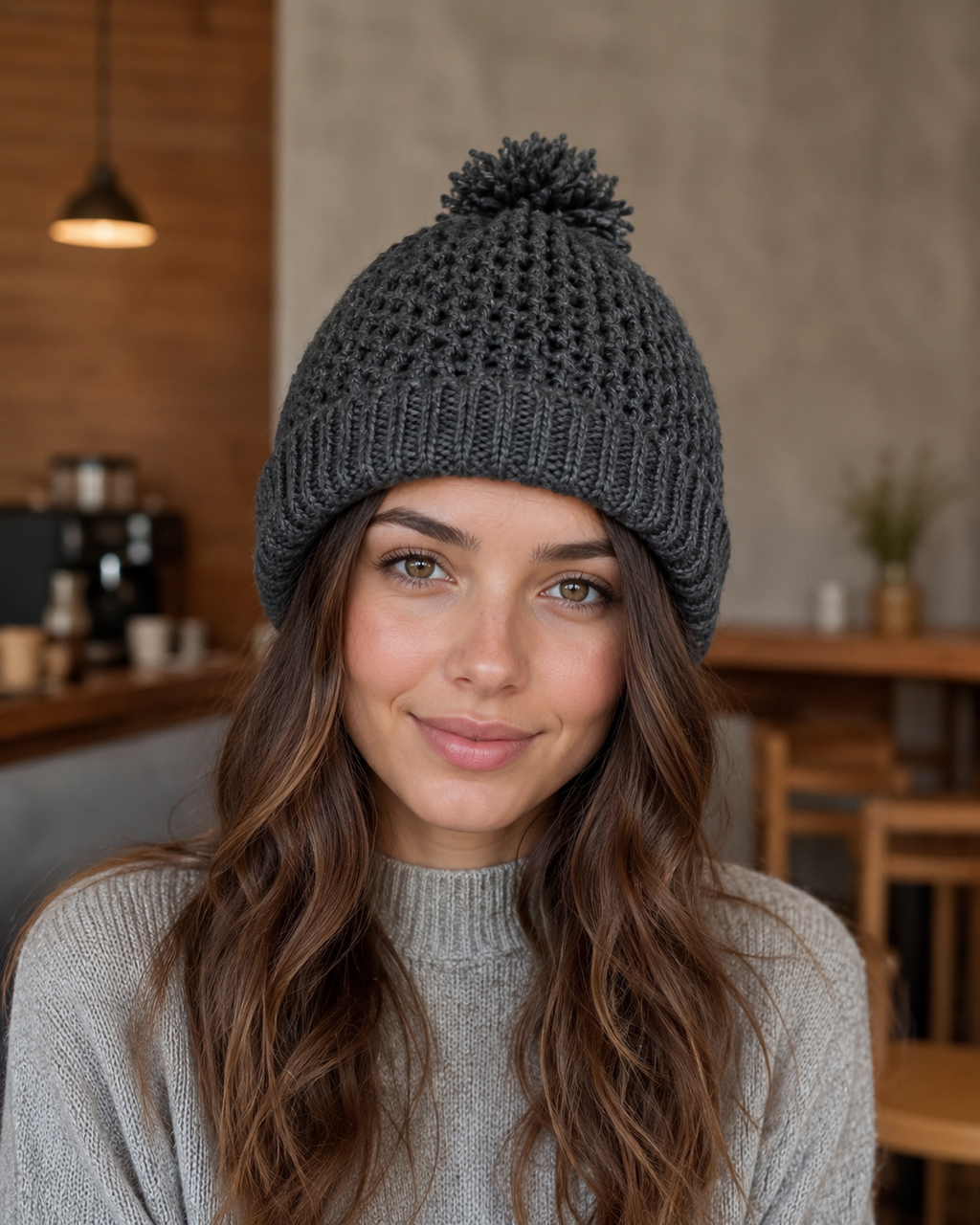 Hand-Crocheted Pom-Pom Beanie Charcoal Grey One Size