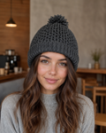 Hand-Crocheted Pom-Pom Beanie Charcoal Grey One Size