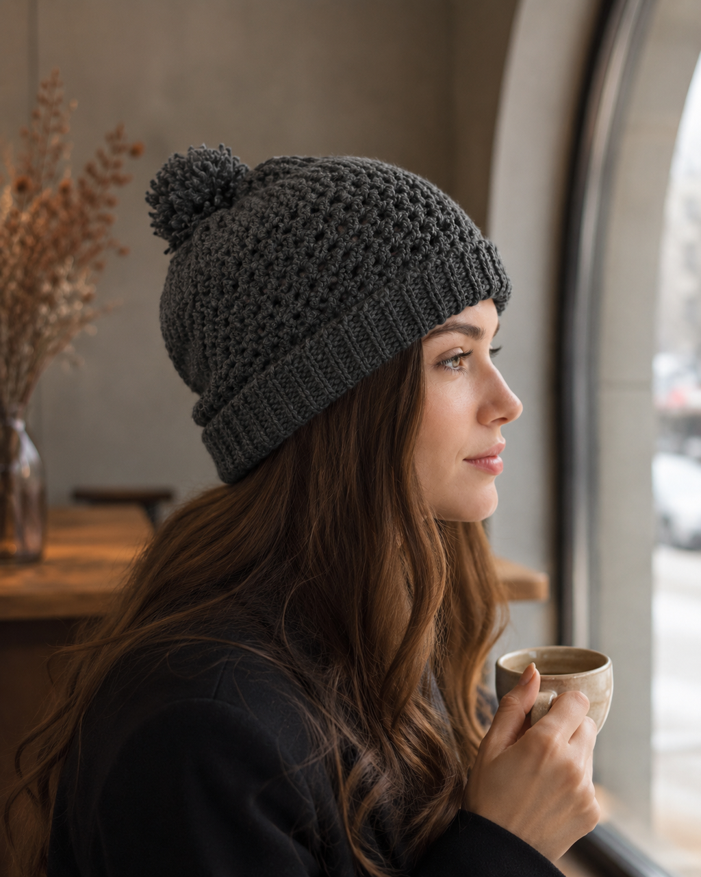 Hand-Crocheted Pom-Pom Beanie Charcoal Grey One Size
