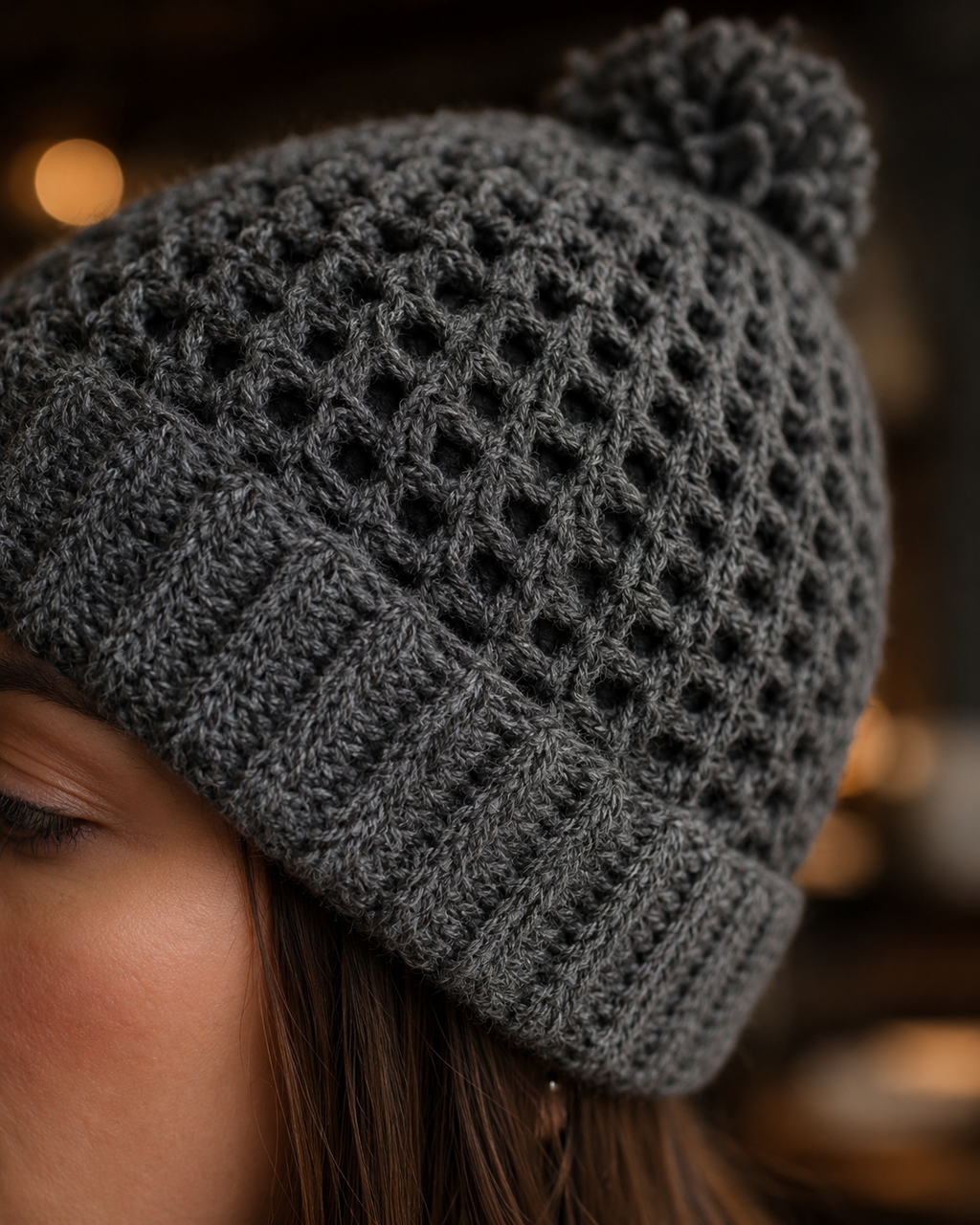 Hand-Crocheted Pom-Pom Beanie Charcoal Grey One Size