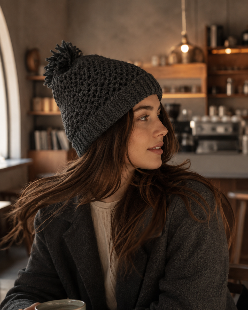 Hand-Crocheted Pom-Pom Beanie Charcoal Grey One Size