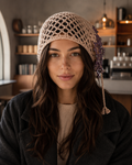 Hand-Crocheted Mesh Headwrap Beaded Tassel Fringe One Size