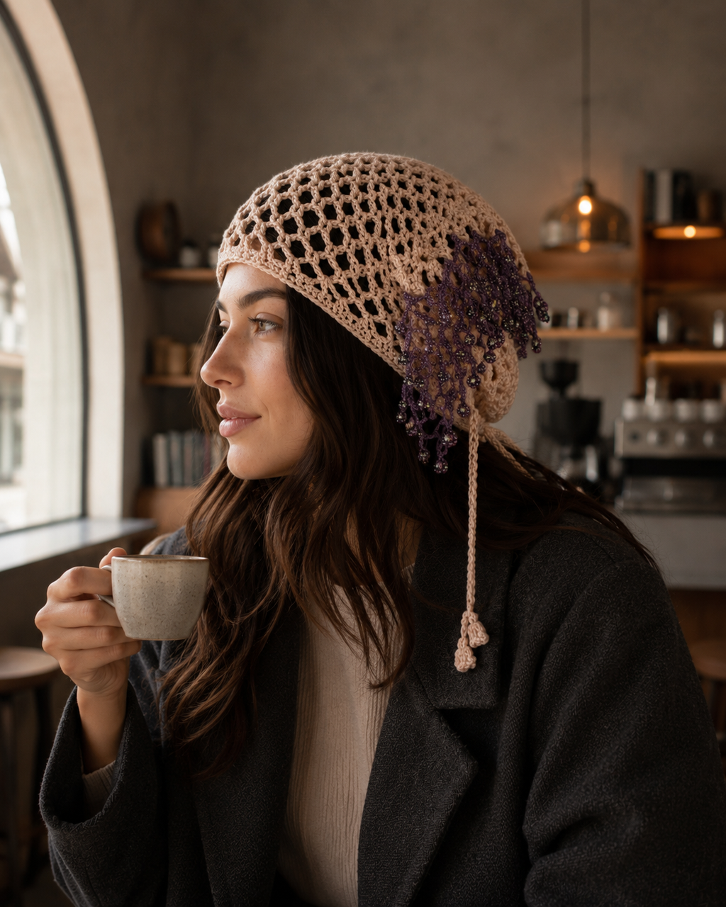 Hand-Crocheted Mesh Headwrap Beaded Tassel Fringe One Size