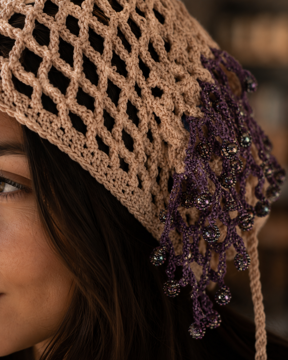 Hand-Crocheted Mesh Headwrap Beaded Tassel Fringe One Size