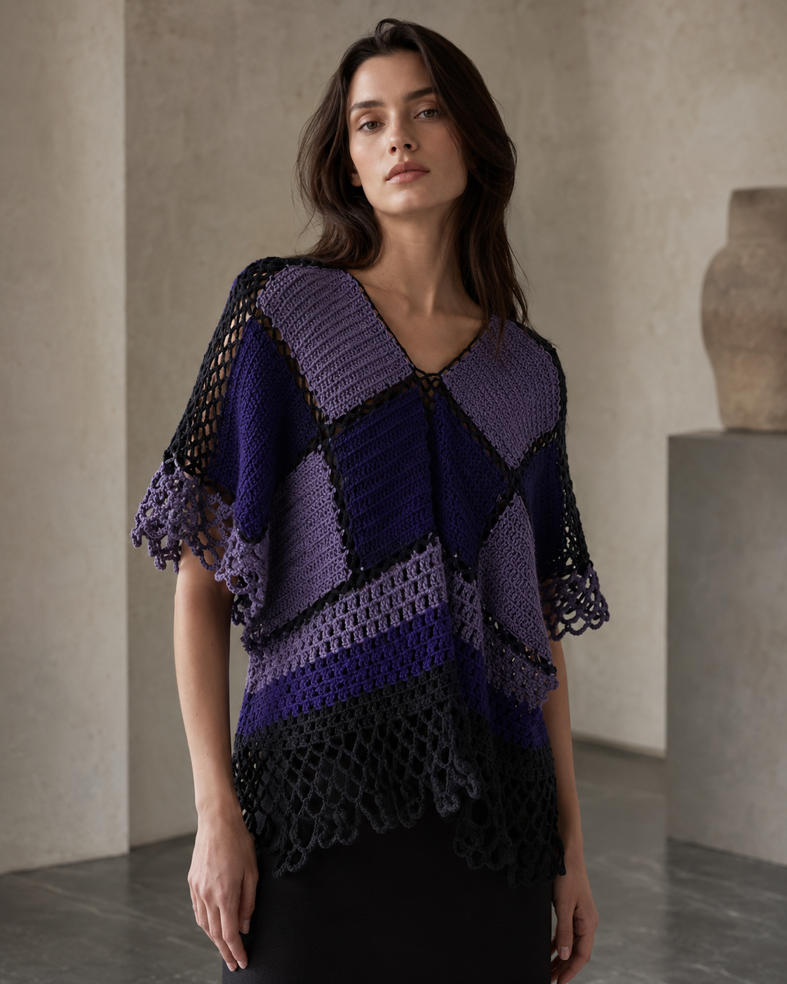 Hand-Crocheted Patchwork Poncho Top Purple & Black S-M