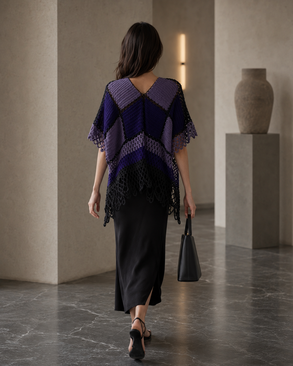 Hand-Crocheted Patchwork Poncho Top Purple & Black S-M