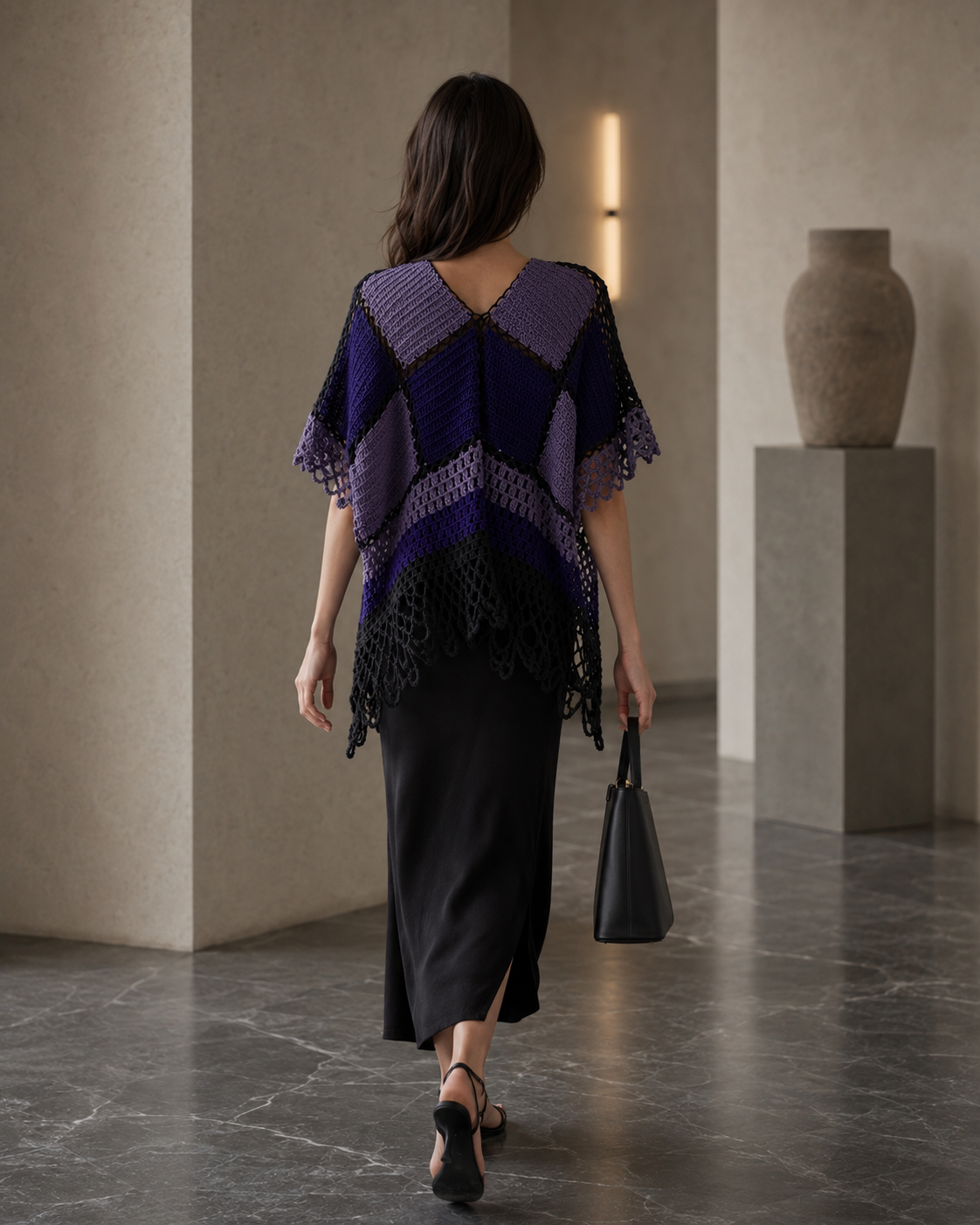 Hand-Crocheted Patchwork Poncho Top Purple & Black S-M