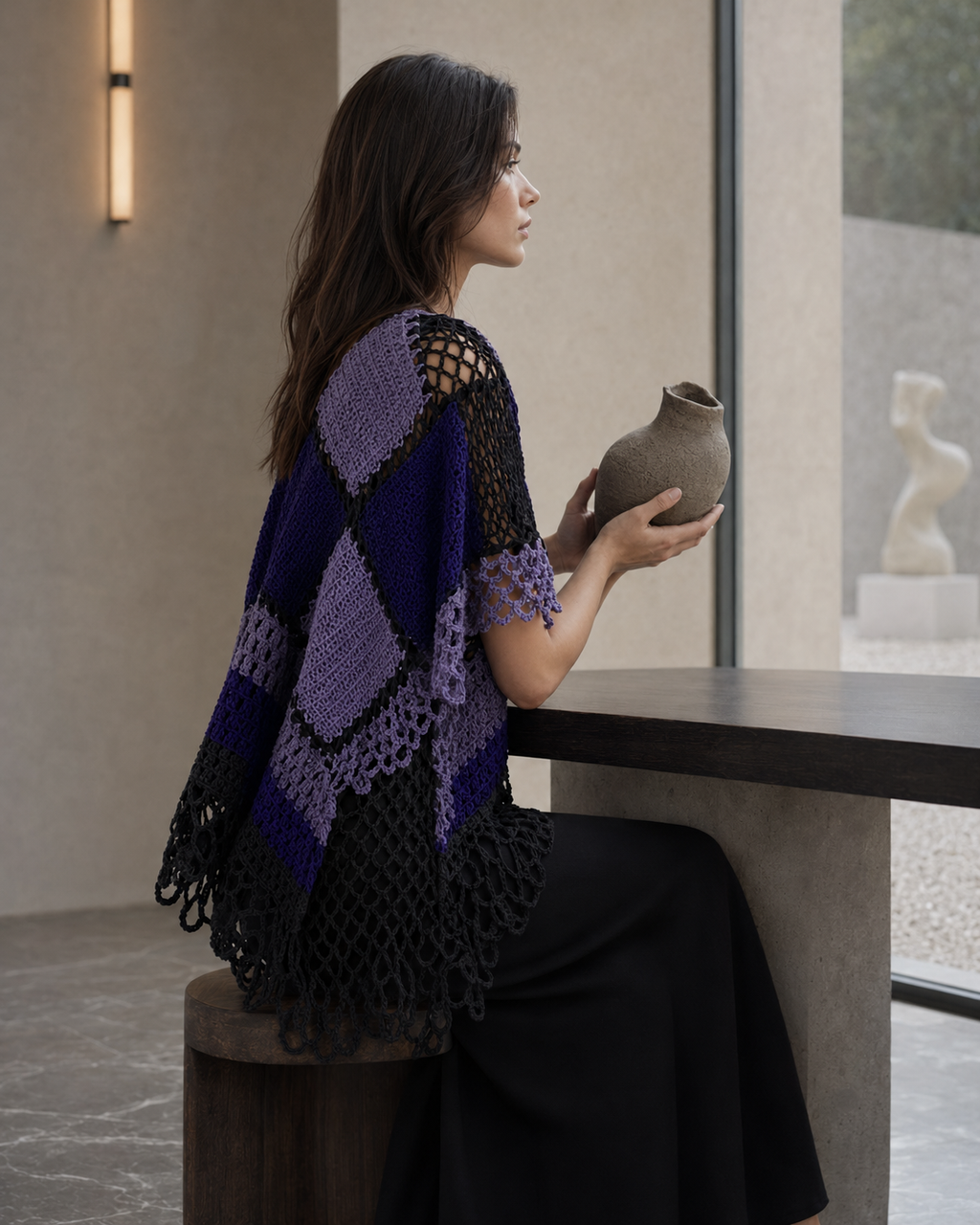 Hand-Crocheted Patchwork Poncho Top Purple & Black S-M