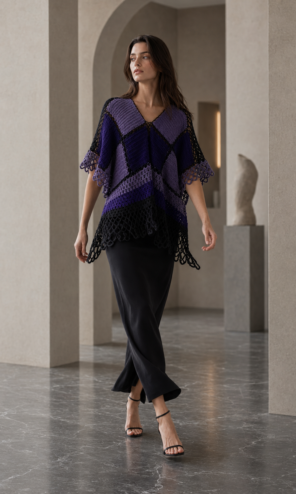Hand-Crocheted Patchwork Poncho Top Purple & Black S-M