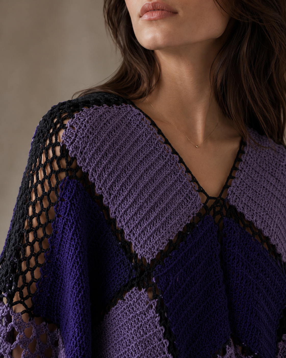 Hand-Crocheted Patchwork Poncho Top Purple & Black S-M