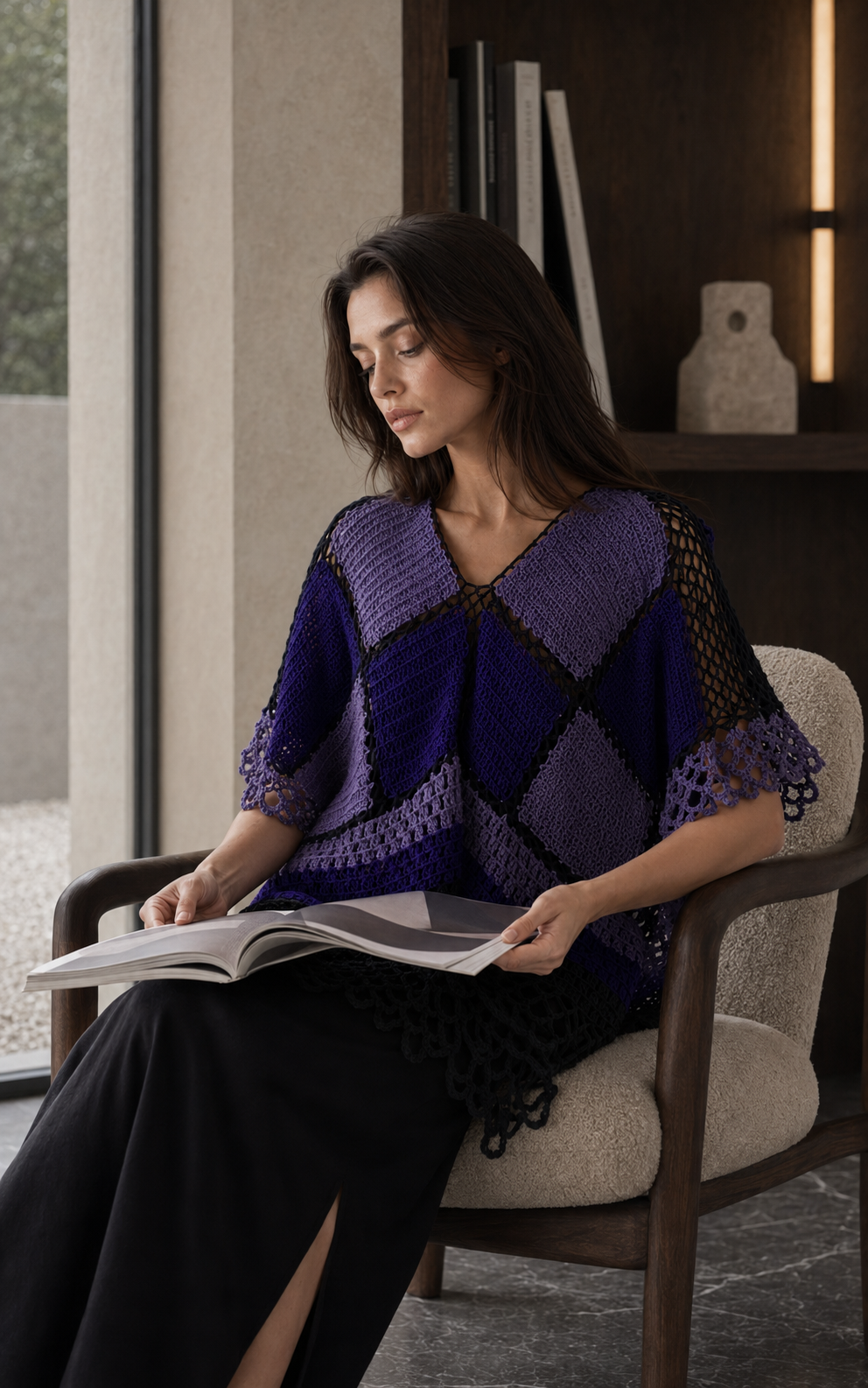 Hand-Crocheted Patchwork Poncho Top Purple & Black S-M