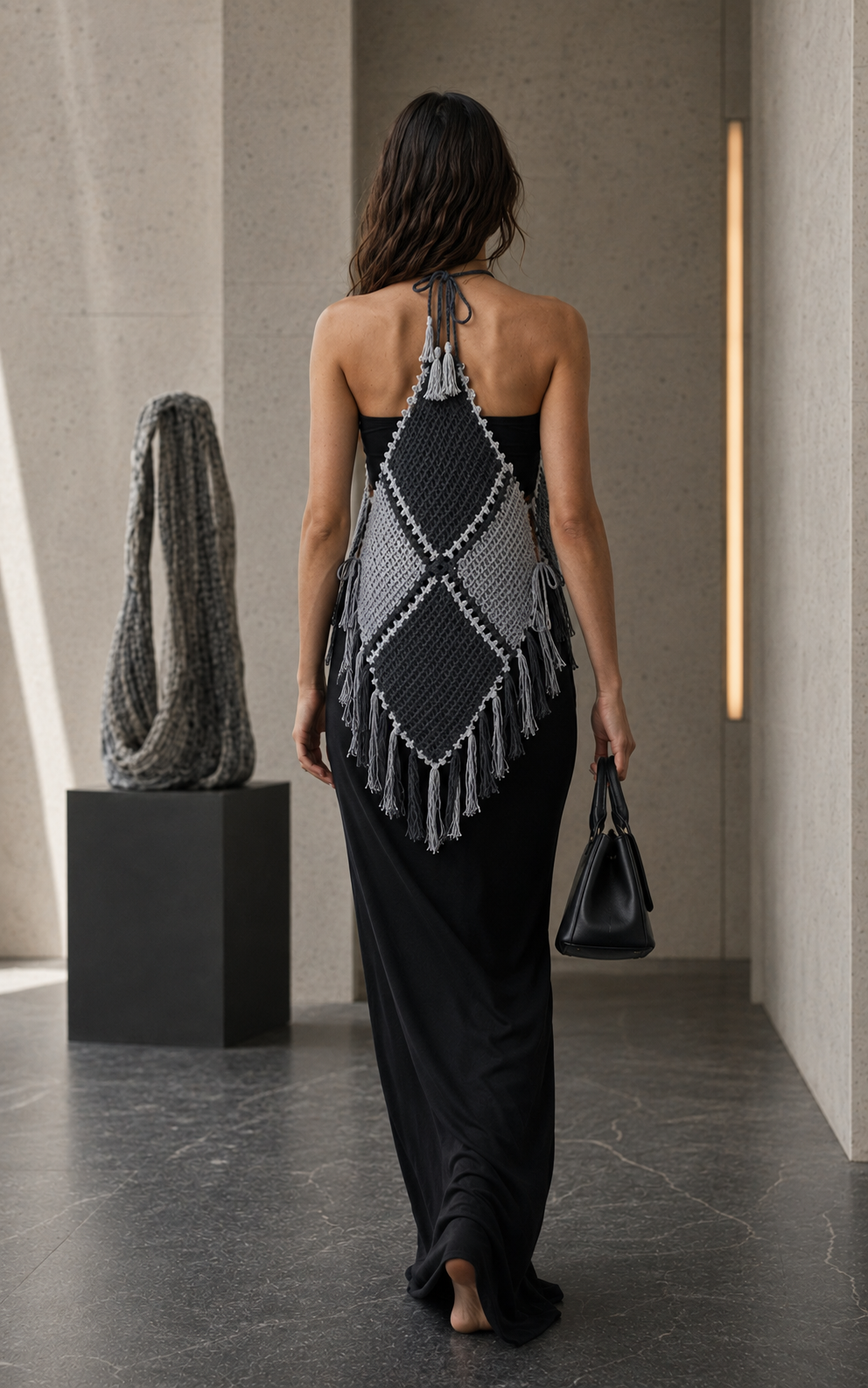 Hand-Crocheted Diamond Halter Top | Fringed Hem Detail | S/M/L