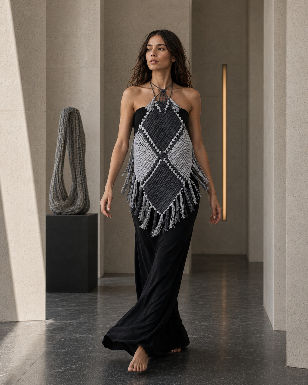 Hand-Crocheted Diamond Halter Top | Fringed Hem Detail | S/M/L
