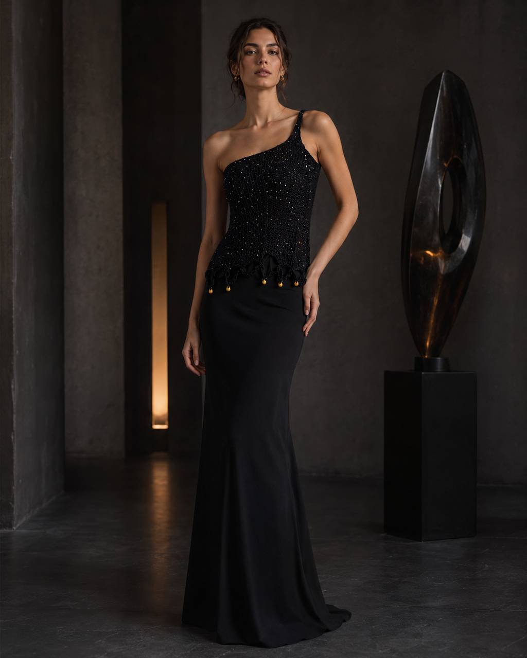 Hand-Crocheted One-Shoulder Top | Gold Beaded Hem | xs-s