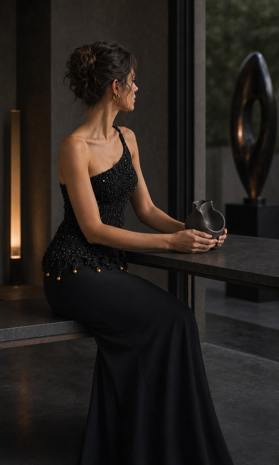 Hand-Crocheted One-Shoulder Top | Gold Beaded Hem | xs-s