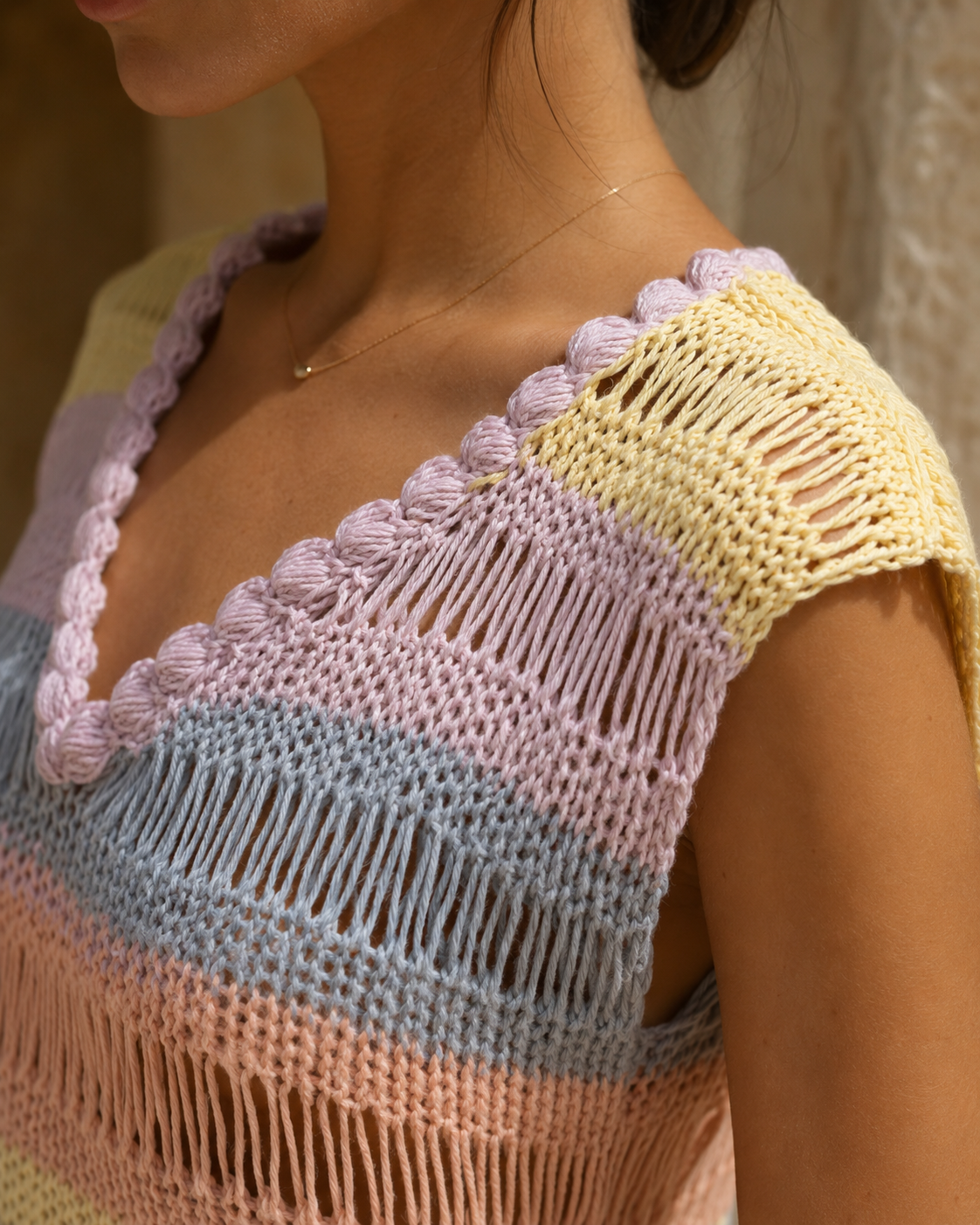 Hand-Knitted Pastel Striped Top | Fringed Hem Detail | S-M