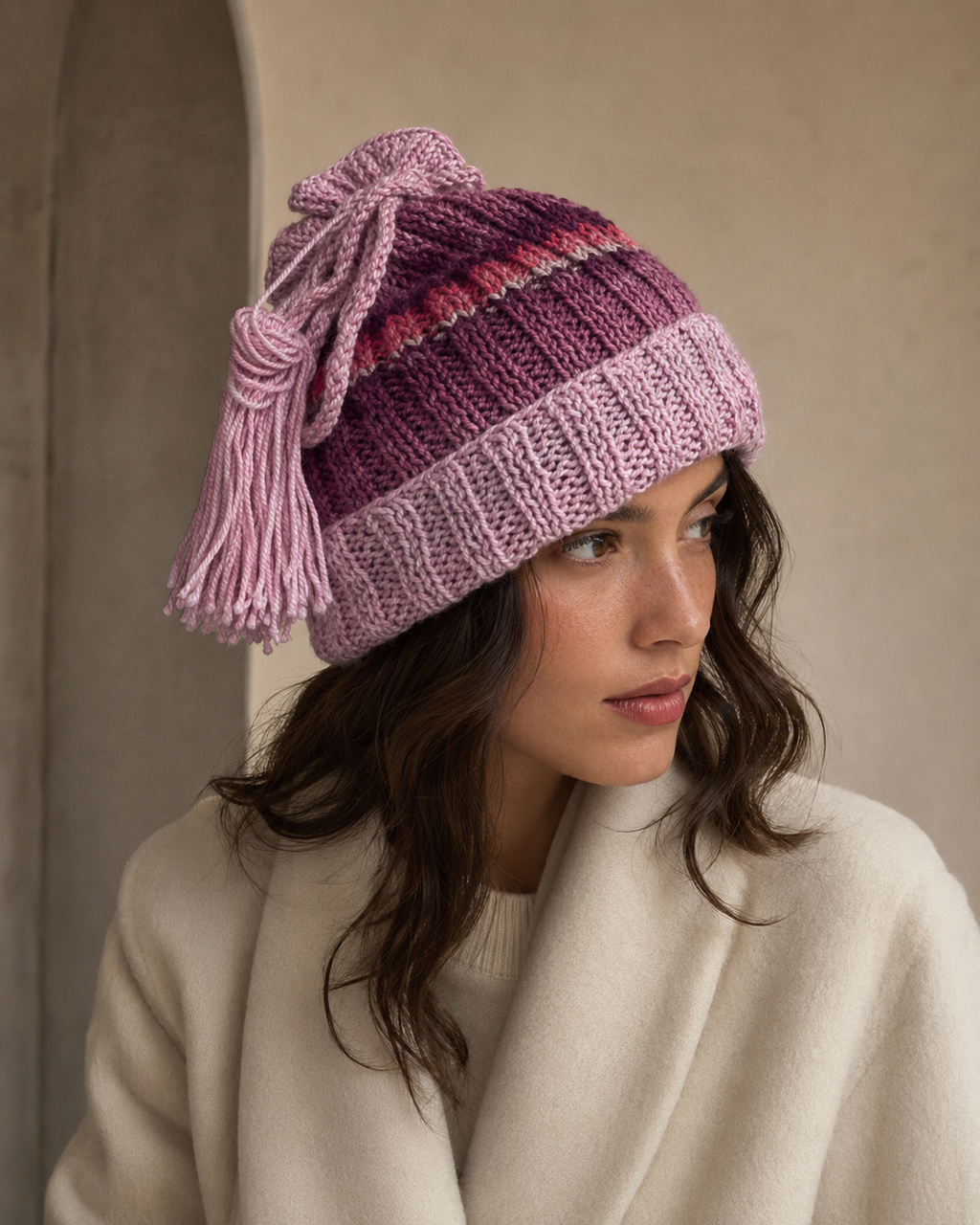 Hand-Knitted Gradient Ribbed Beanie | Oversized Tassel Detail | One Size