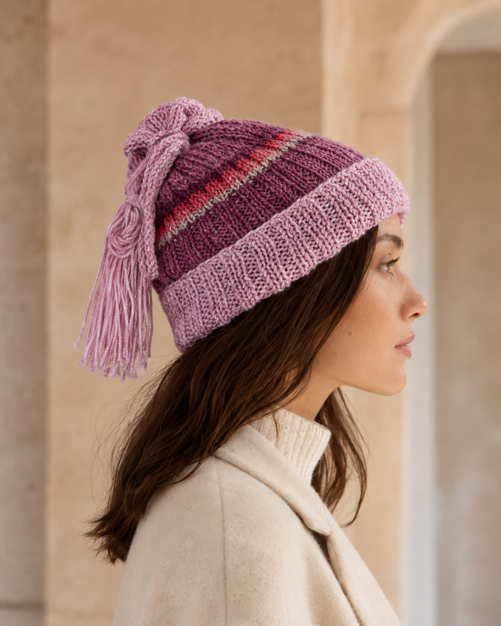 Hand-Knitted Gradient Ribbed Beanie | Oversized Tassel Detail | One Size