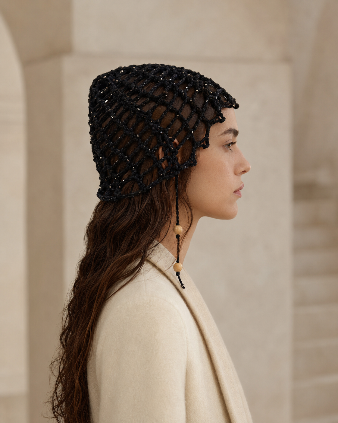 Hand-Crocheted Open-Weave Net Hat | Beaded Tie Detail | One Size