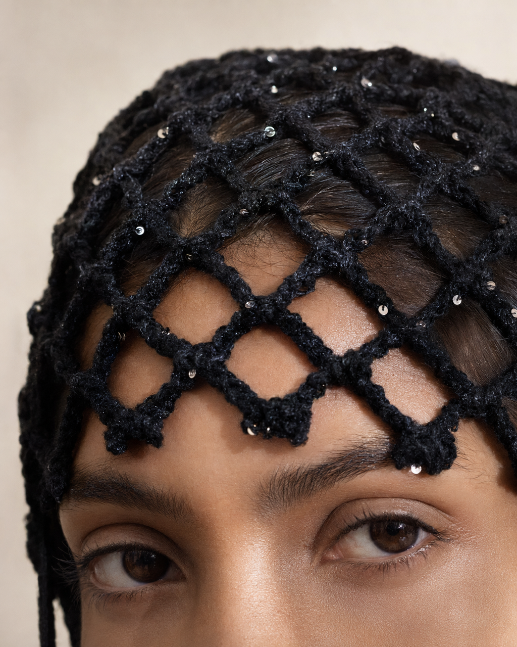 Hand-Crocheted Open-Weave Net Hat | Beaded Tie Detail | One Size