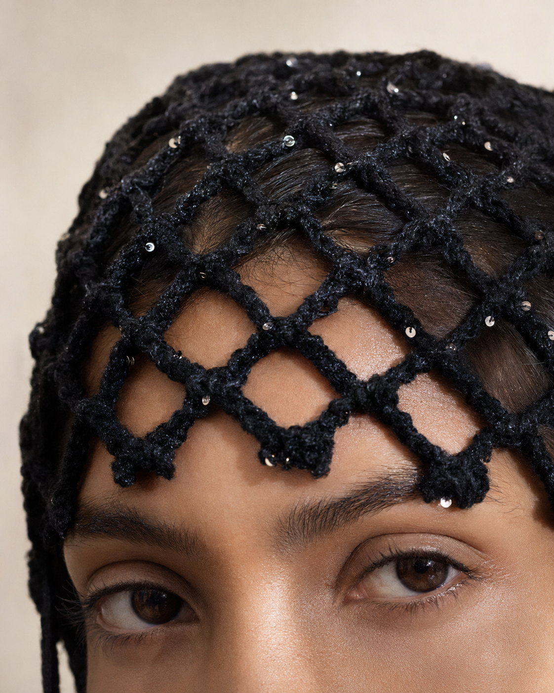 Hand-Crocheted Open-Weave Net Hat | Beaded Tie Detail | One Size