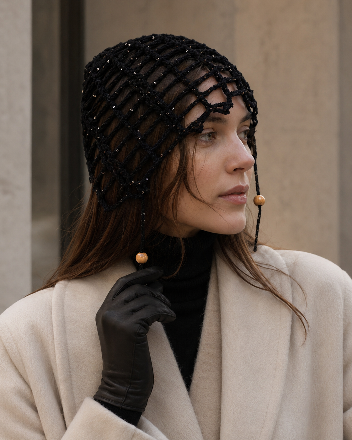 Hand-Crocheted Open-Weave Net Hat | Beaded Tie Detail | One Size